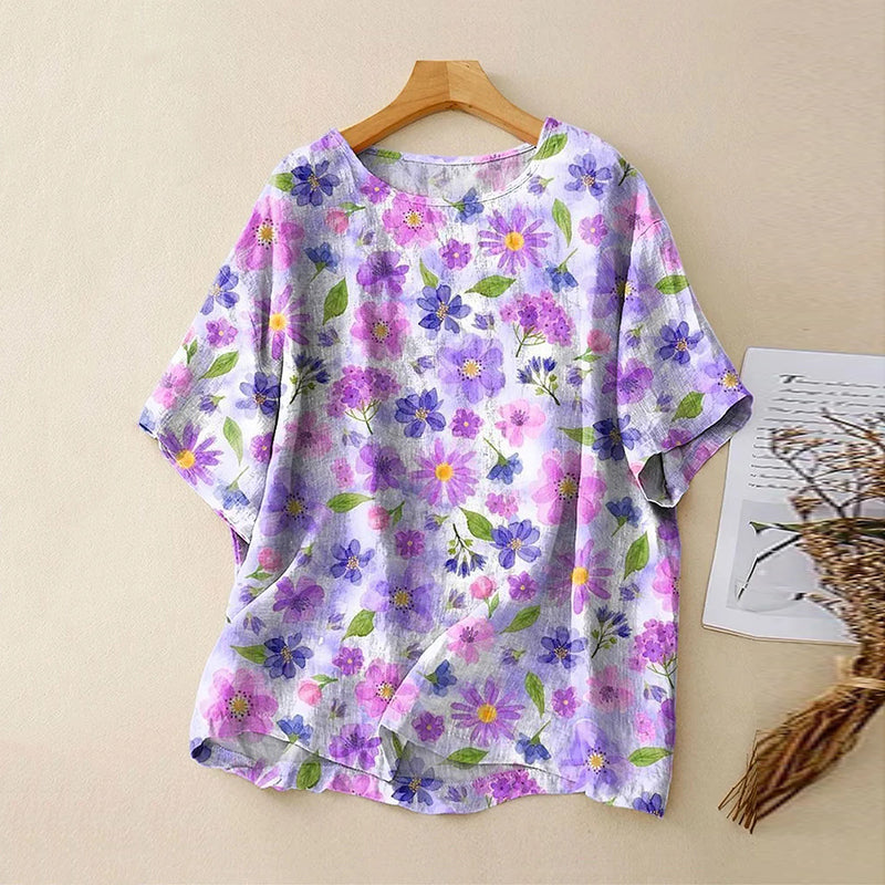 Women's Vintage Floral Print Casual Linen Crew Neck Shirt elevenforest