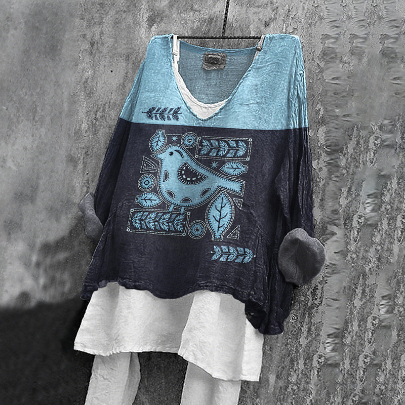 Women's Vintage Floral Bird Art V-neck Loose Linen T-shirt elevenforest