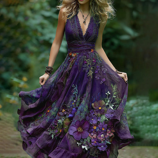 Vintage Embroidered Pansy Floral Vest Maxi Dress elevenforest