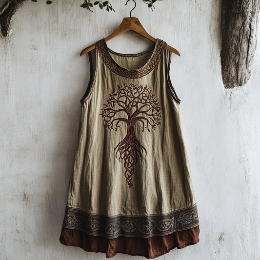 Women's Viking Tree Of Life Celtic Knot Pattern Art Linen Sleeveless Top elevenforest