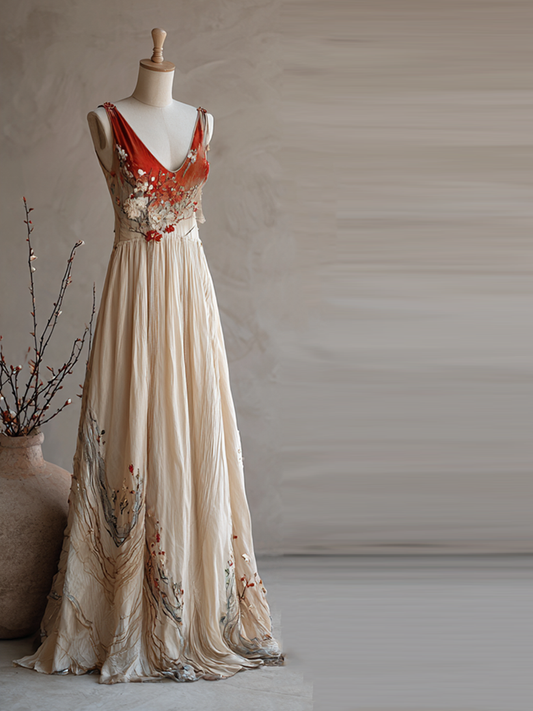 Women's Vintage Cherry Blossom Embroidery Gradient Sleeveless Dress elevenforest