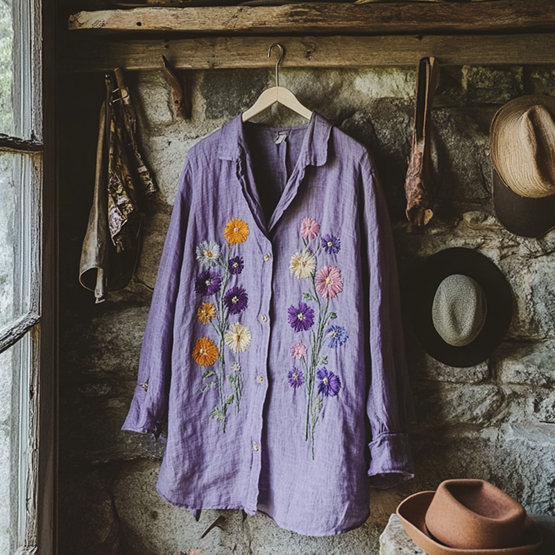 Retro Bohemian Holiday Style Linen Floral Print  Long Sleeve Shirt elevenforest