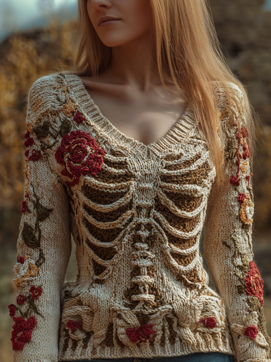 Ladies' V-neck Knitted Sweater With Halloween-themed Line Art And Botanical Floral Design. artswardrobe