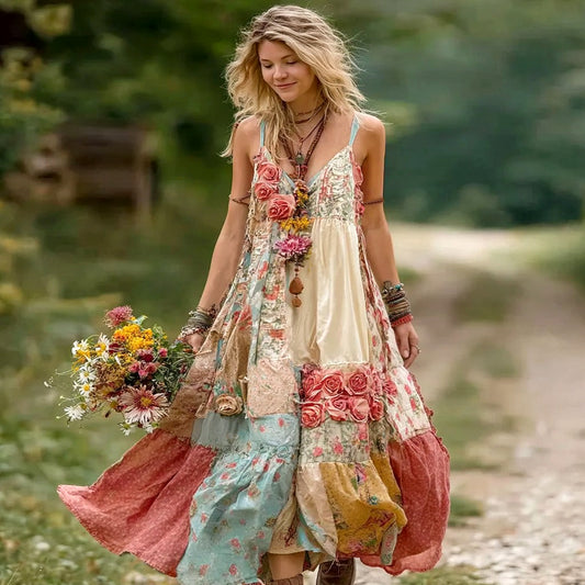 Women's Vintage Boho Floral Art Patchwork Comfy Midi Dress elevenforest