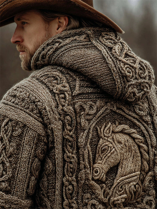 Men's Vintage Horse Crochet Celtic Cozy Knit Hooded Sweater artswardrobe