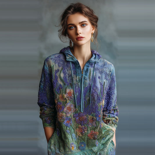 Women's Oil Painting Floral Contrast Color Sequined Zipper Hoodie elevenforest