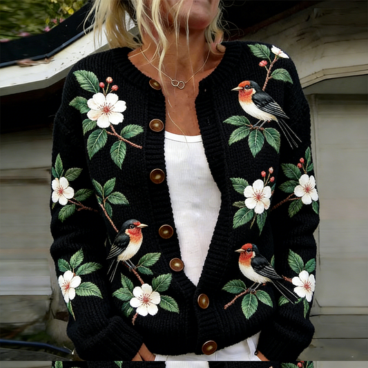 Retro Flower And Bird Pattern Women's Casual Sweater Coat elevenforest
