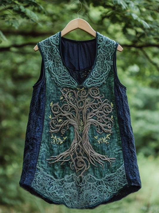 Boho Viking Tribal Celtic Knot Life Of Tree Patchwork Art Sleeveless Tank Top elevenforest