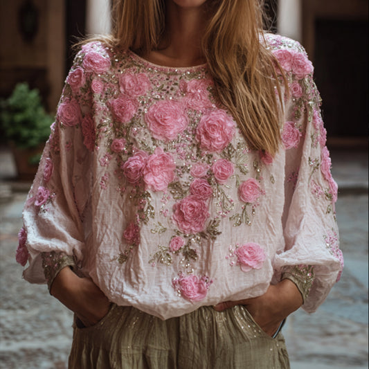 Ladies' Embroidered Flower Vintage Casual V-neck Long-sleeved Top elevenforest