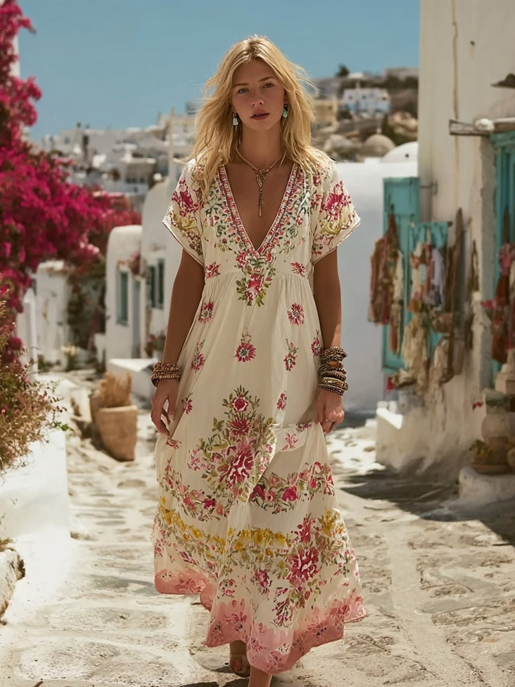 Vintage Boho Floral Pattern Comfy Linen Maxi Dress elevenforest