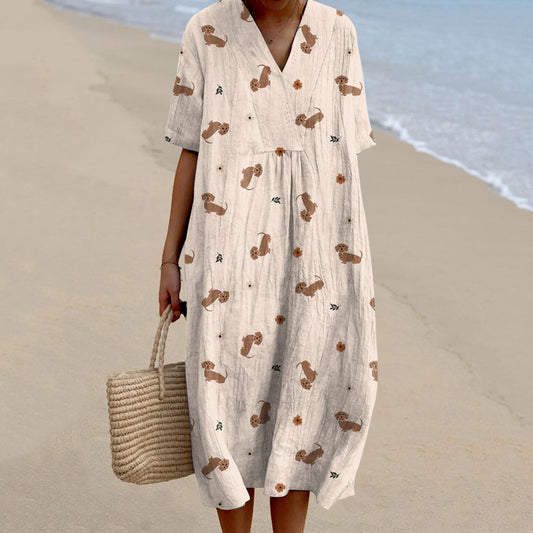 Comstylish Women's Retro Cute Dachshund Dog Art Linen Dress