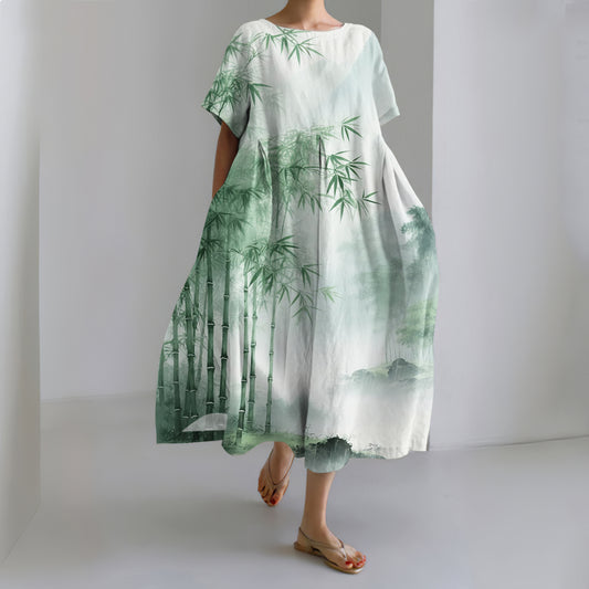 Women's Japanese Art Bamboo Painting Print Midi Dress elevenforest