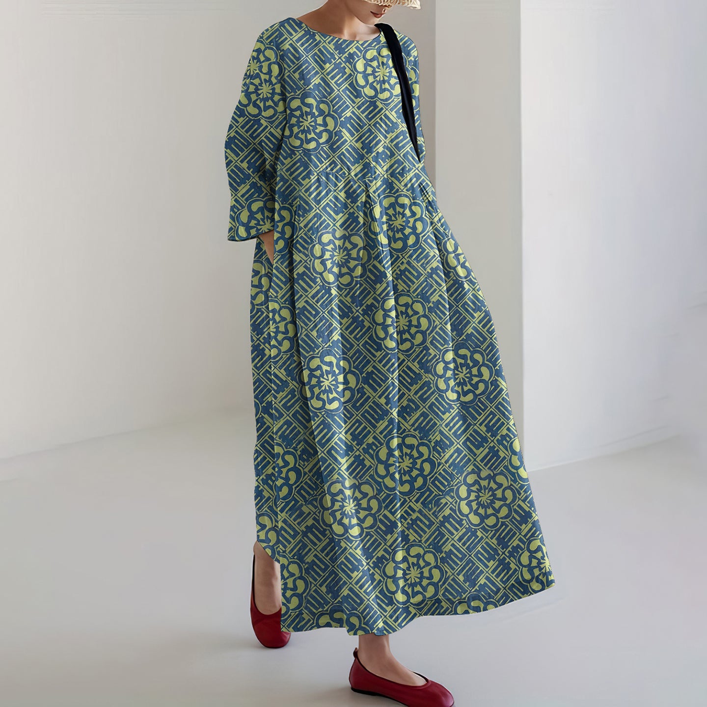 Comstylish Women's Vintage Japanese Geometric Floral Art Print Midi Dress