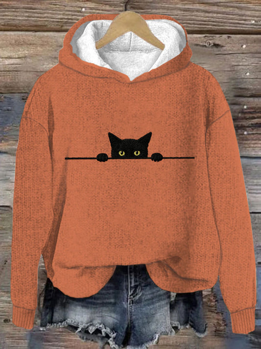 Women's Casual Funny Black Cat Print Hood Sweater elevenforest