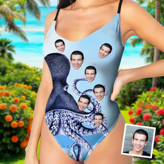 Custom Japanese Art V-neck One-piece Bathing Swimsuit Personalized Blue Ocean Straps Swimsuit For Women,gift For Wife elevenforest