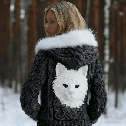 Viking Retro Cat Design Women's Hooded Knit Sweater Jacket elevenforest
