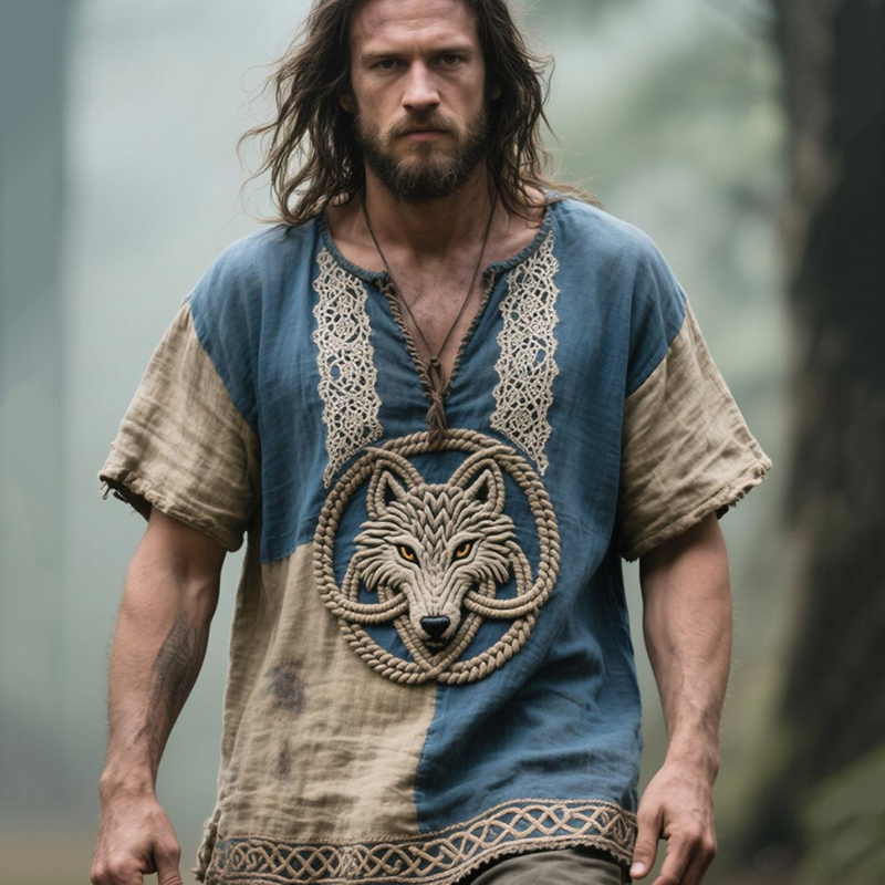 Men's Viking Celtic Wolf Embroidered Contrast V-neck Linen Blend Shirt elevenforest