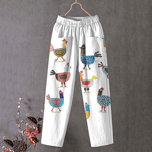 Comstylish Farm Chicken Art Print Linen Blend Pocket Pants