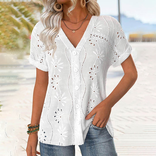 Comstylish Women's Retro Floral Lace Embroidery Art V-neck T-shirt