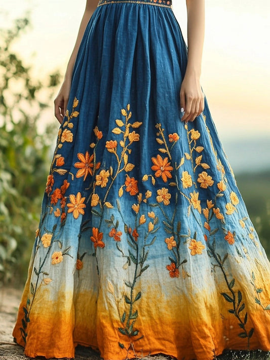 Boho Floral Embroidered Gradient Linen Maxi Dress elevenforest
