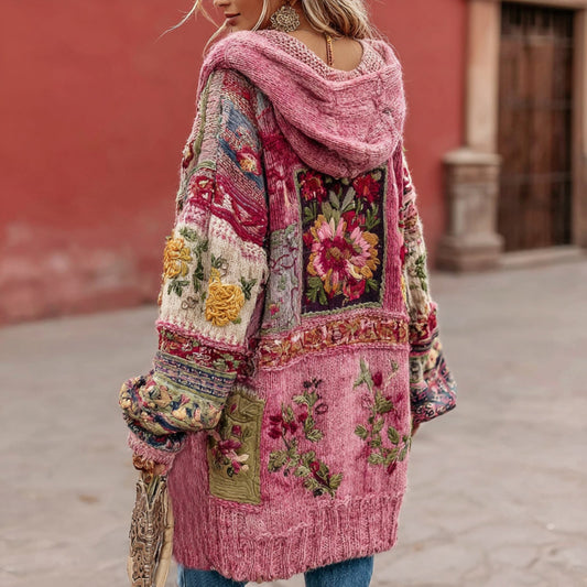Comstylish Women's Vintage Bohemian Floral Embroidery Patchwork Art Cozy Knit Hooded Sweater Cardigan