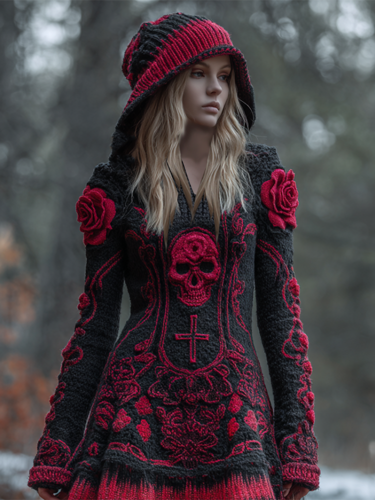 Halloween Viking Style Lady Hooded Knit Sweater Dress artswardrobe