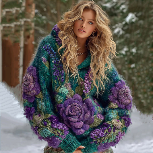 Women's Gradient Rose And Floral Knitted Warm Hooded Sweater artswardrobe