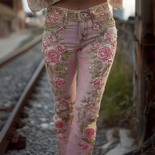 Pink Roses Glitter Embroidered Washed Bootcut Jeans elevenforest