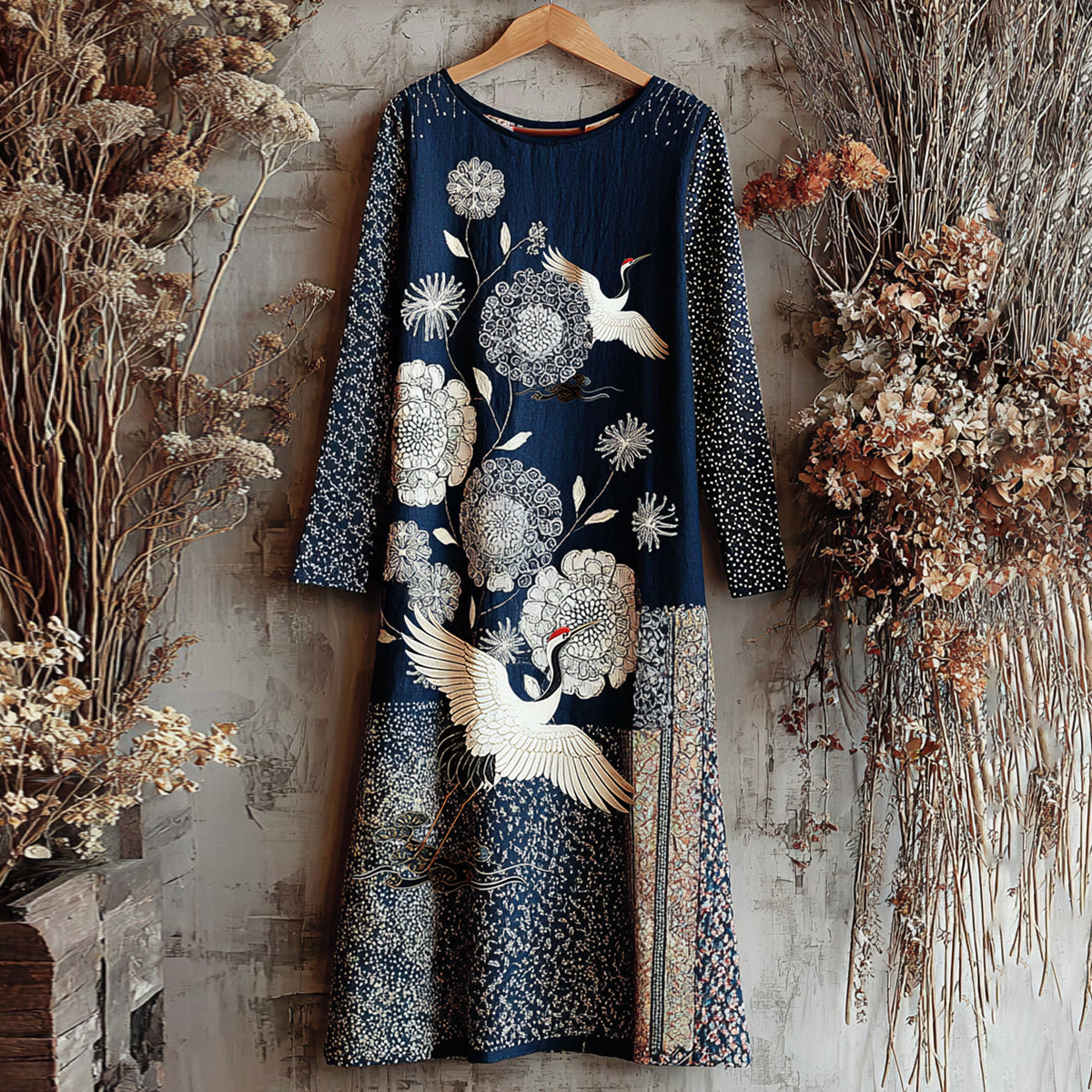 Women's Vintage Japanese Crane Art Linen Blend Round Neck Dress elevenforest