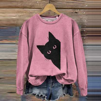 Women's Peek-A-Boo Black Cat Printed Sweatshirt elevenforest