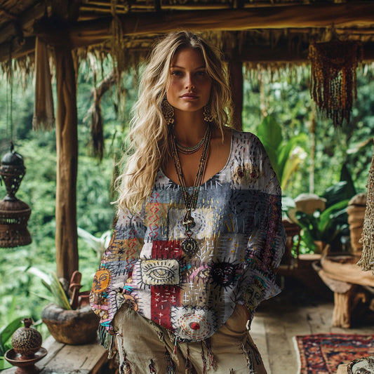 Retro Bohemian Resort Patchwork Art Print Cotton And Linen Blend Loose Blouse elevenforest