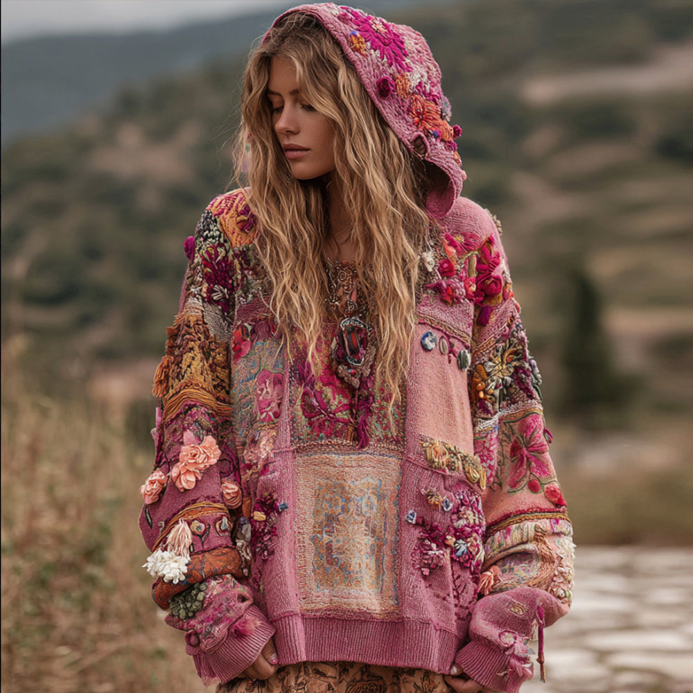 Bohemian Style Three-dimensional Flower Embroidery Pink Patchwork Hooded Long-sleeved Sweater elevenforest