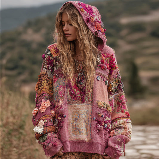 Bohemian Style Three-dimensional Flower Embroidery Pink Patchwork Hooded Long-sleeved Sweater elevenforest
