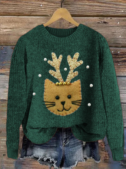 Christmas Reindeer Cat Patch Cozy Knit Sweater elevenforest