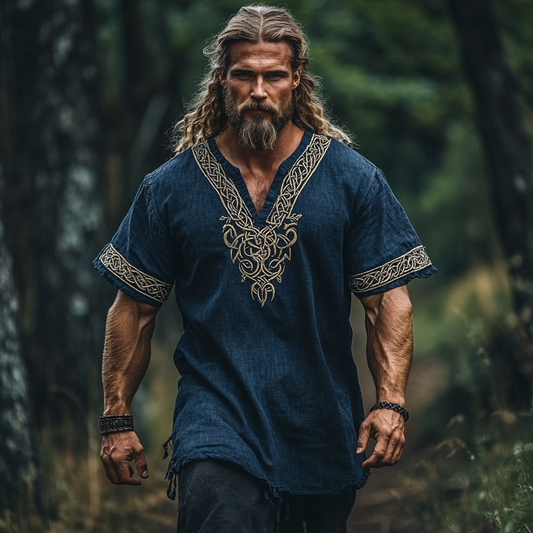 Men's Vintage Viking Celtic Knot Embroidered Art Cozy Linen Shirt elevenforest
