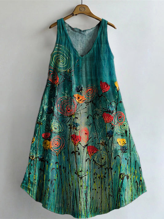 Women's Floral Art Print V-Neck Pocket Cotton Dress