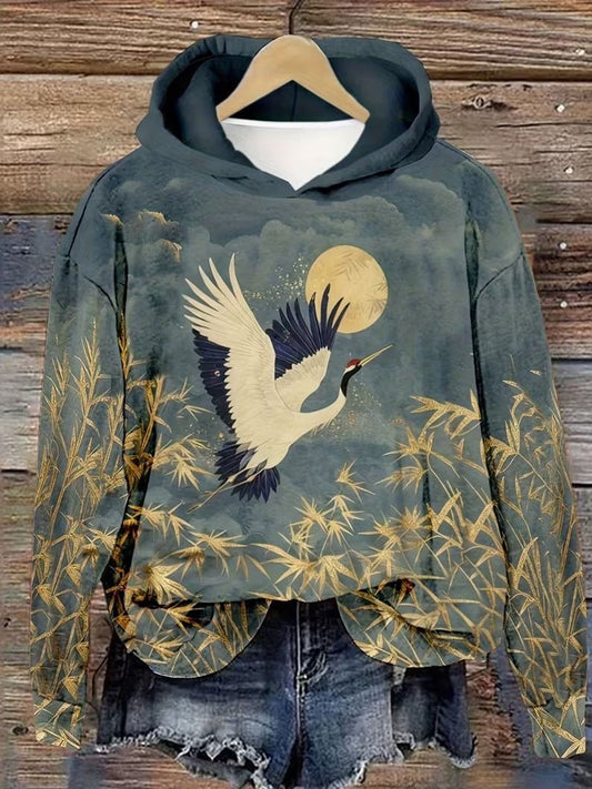 Comstylish Women's Japanese Art Crane Print Hoodie