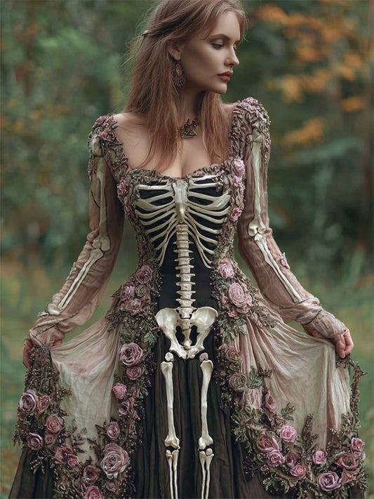 Vintage Skeleton Floral Fiber Art Flowy Linen Maxi Dress elevenforest