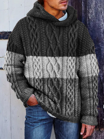 Men's Retro Colorblock Celtic Cable Knit Cozy Hooded Sweater elevenforest