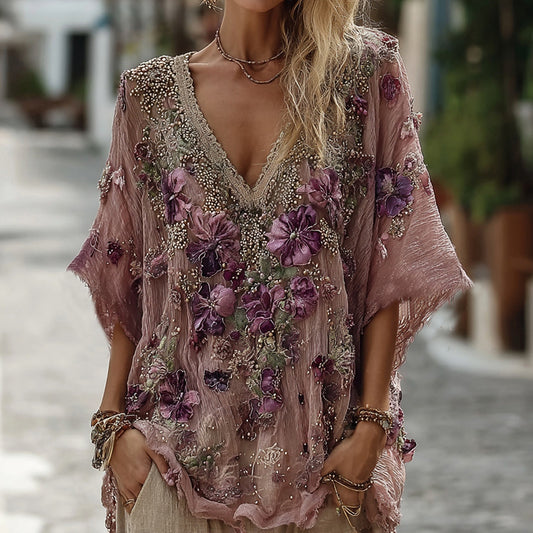Women's Pansy Embroidered Sequined Short Sleeve T-shirt elevenforest