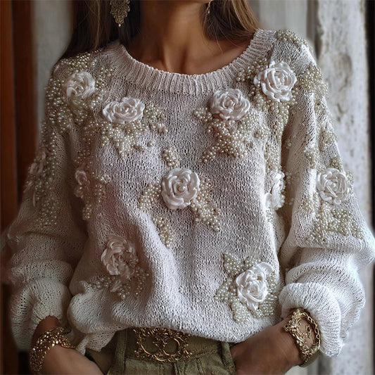 Classy White Roses Pearls Beaded Cozy Knit Sweater elevenforest