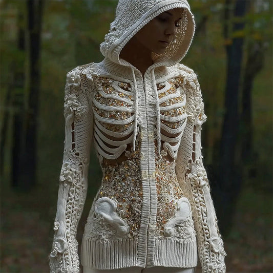 Comstylish Halloween Skull Sequin Art Knit Zipper Hooded Sweater