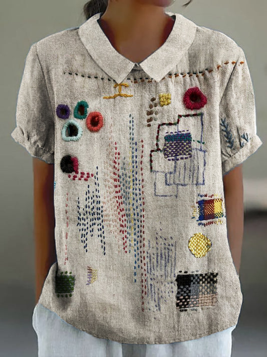 Colorful Embroidered Japanese Sashiko Art Linen Blend Shirt elevenforest