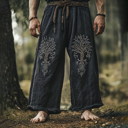 Vintage Life Of Tree Embroidery Art Linen Loose Wide-leg Pants elevenforest