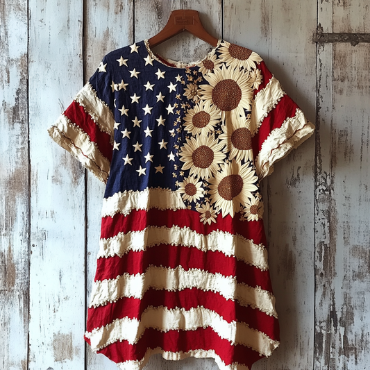 Comstylish Independence Day Flag Sunflower Art Women's Linen T-shirt