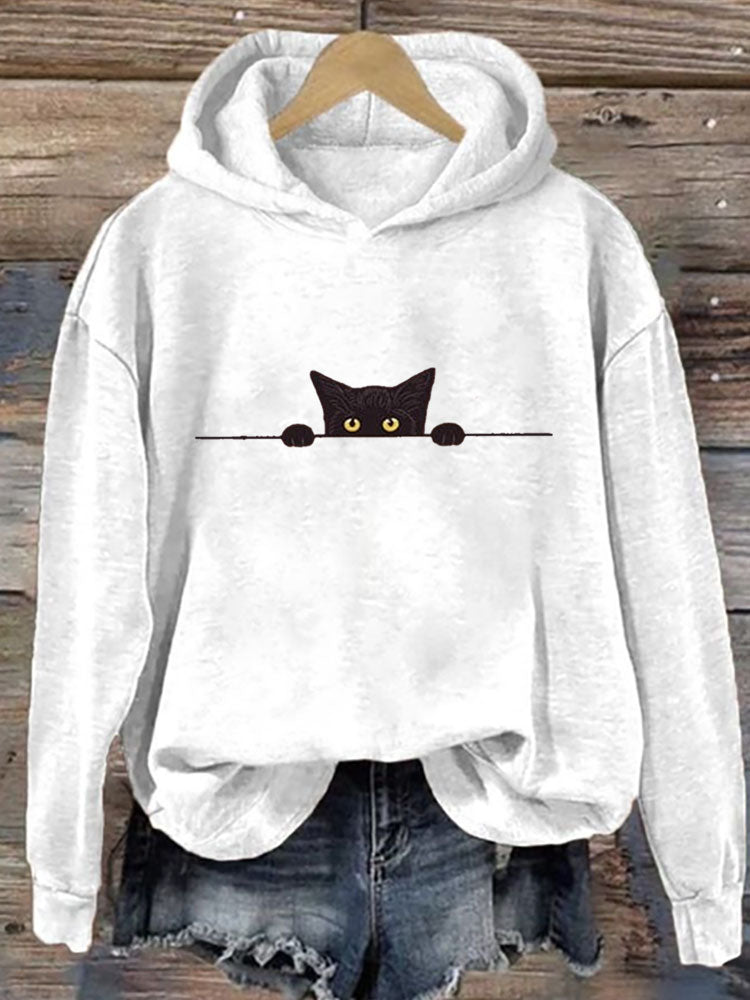 Women's Casual Funny Black Cat Print Hoodie elevenforest