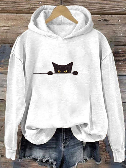 Women's Casual Funny Black Cat Print Hoodie elevenforest