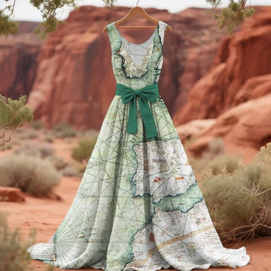 Vintage Medieval Nautical Map Women's Linen Maxi Dress elevenforest