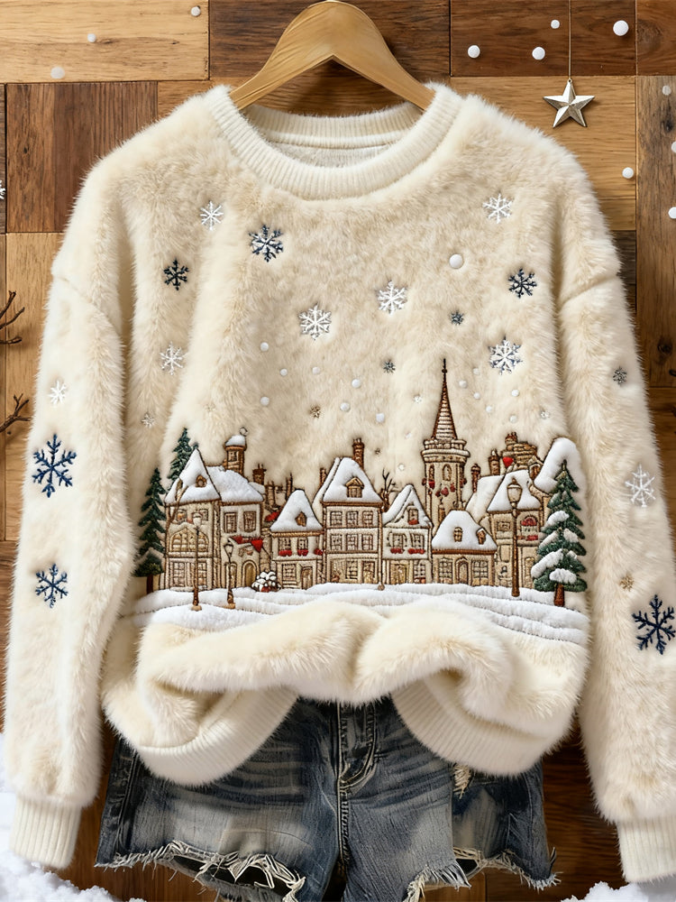 Christmas Snow Scene Embroidery Women's Cozy Plush Sweater