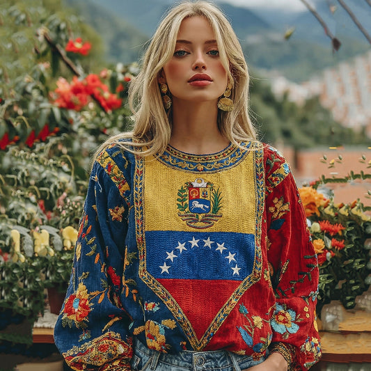 Women's Venezuela Flag Floral Art Linen Long Sleeve Tunic elevenforest